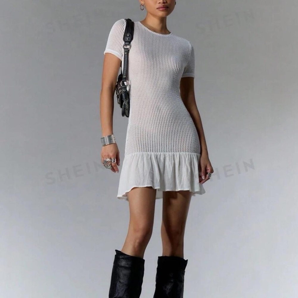 SHEIN White Ruffle Knit Dress